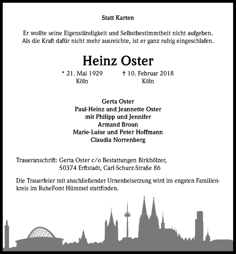  Traueranzeige für Heinz Oster vom 24.02.2018 aus Kölner Stadt-Anzeiger / Kölnische Rundschau / Express