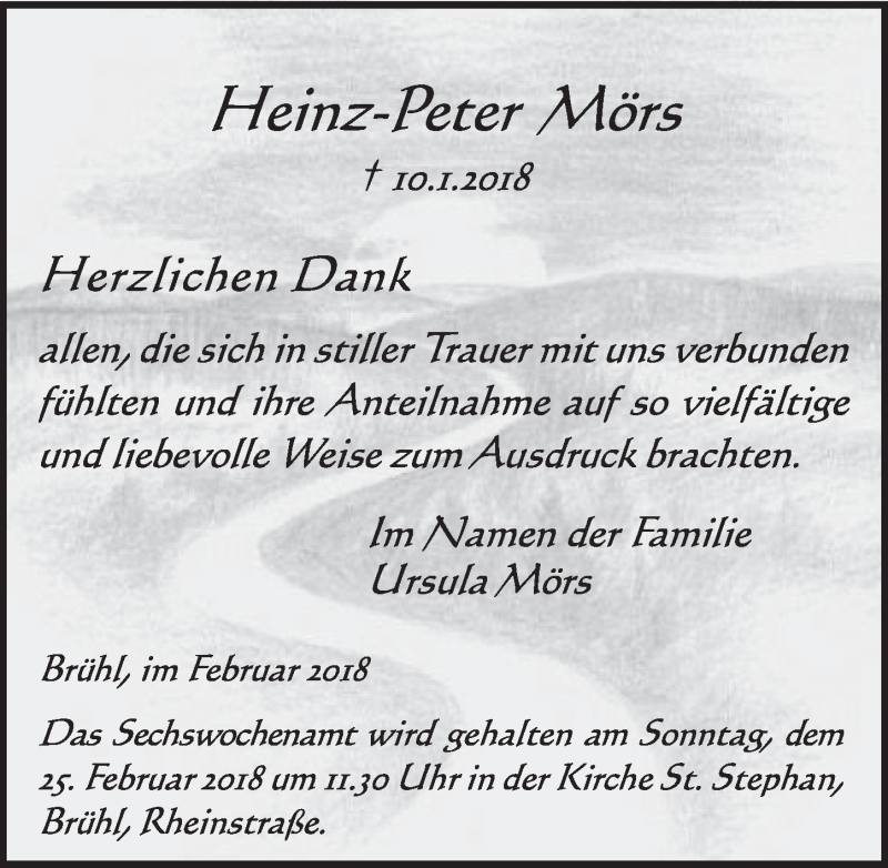  Traueranzeige für Heinz-Peter Mörs vom 14.02.2018 aus  Schlossbote/Werbekurier 