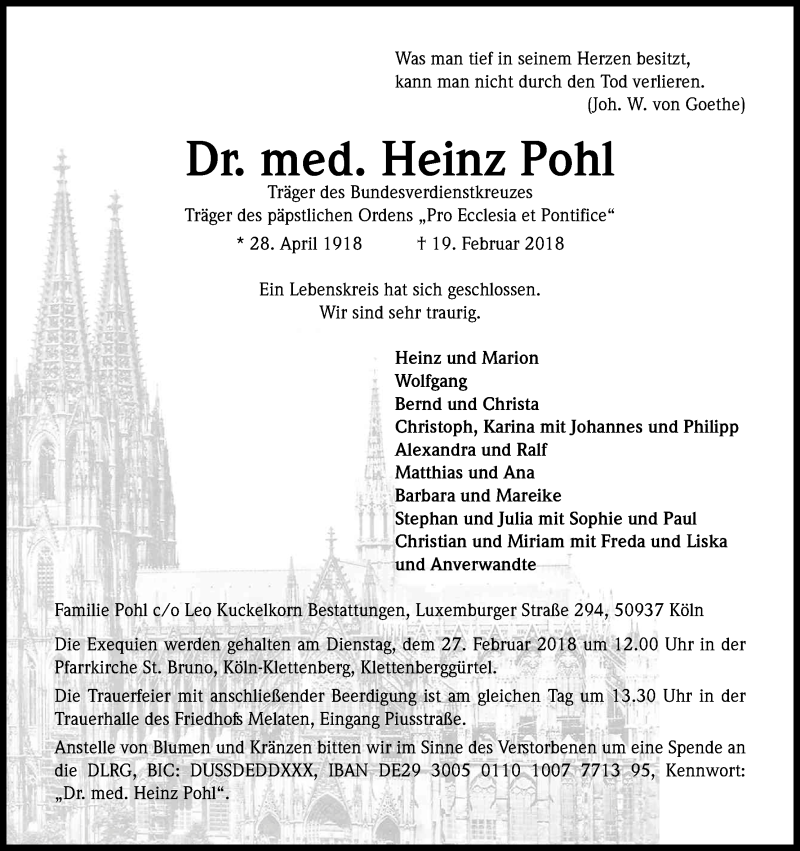  Traueranzeige für Heinz Pohl vom 24.02.2018 aus Kölner Stadt-Anzeiger / Kölnische Rundschau / Express