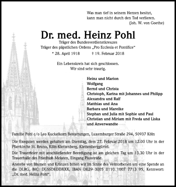 Anzeige von Heinz Pohl von Kölner Stadt-Anzeiger / Kölnische Rundschau / Express