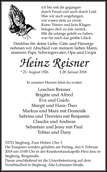 Anzeige von Heinz Reisner von Kölner Stadt-Anzeiger / Kölnische Rundschau / Express