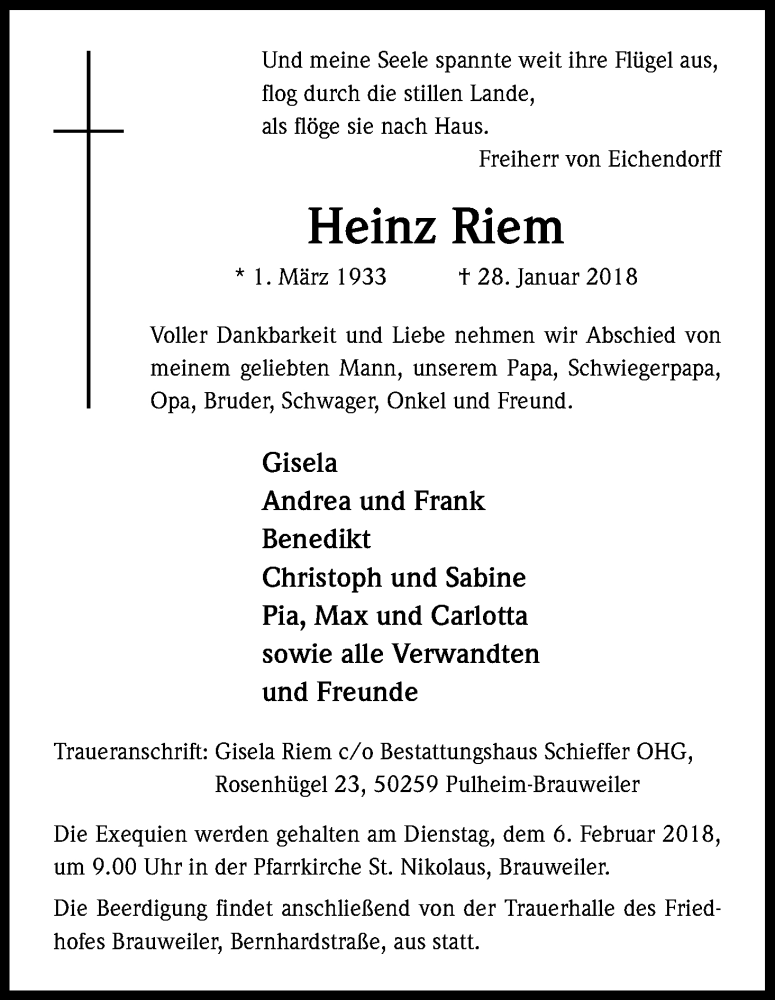  Traueranzeige für Heinz Riem vom 03.02.2018 aus Kölner Stadt-Anzeiger / Kölnische Rundschau / Express
