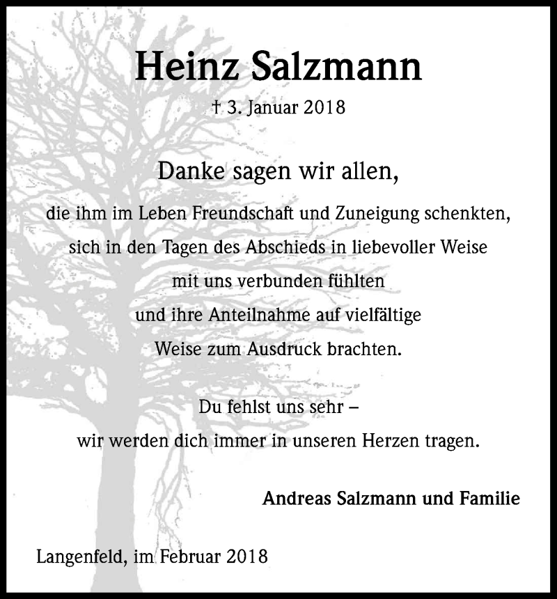  Traueranzeige für Heinz Salzmann vom 03.02.2018 aus Kölner Stadt-Anzeiger / Kölnische Rundschau / Express