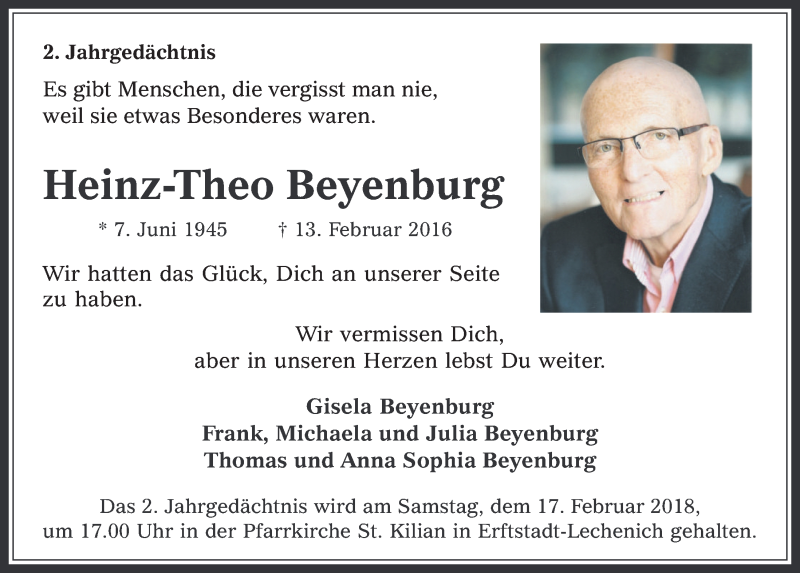  Traueranzeige für Heinz-Theo Beyenburg vom 14.02.2018 aus  Werbepost 