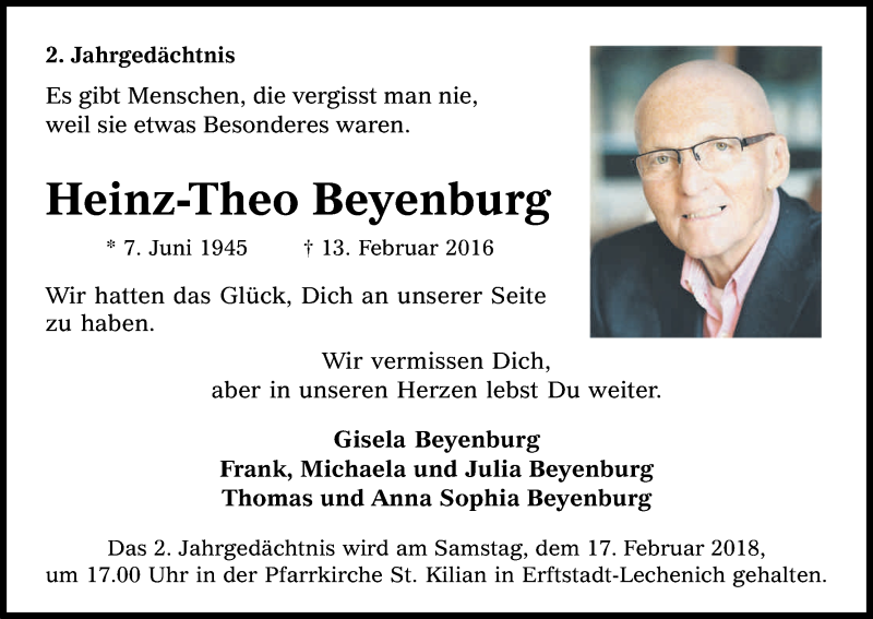  Traueranzeige für Heinz-Theo Beyenburg vom 14.02.2018 aus Kölner Stadt-Anzeiger / Kölnische Rundschau / Express