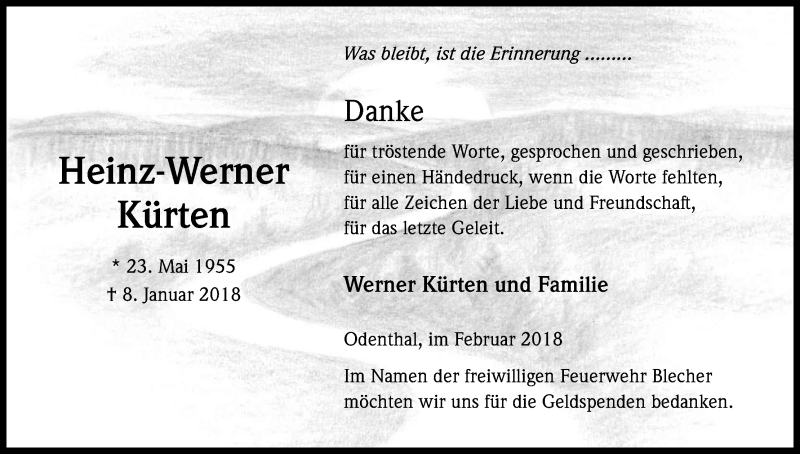  Traueranzeige für Heinz-Werner Kürten vom 10.02.2018 aus Kölner Stadt-Anzeiger / Kölnische Rundschau / Express