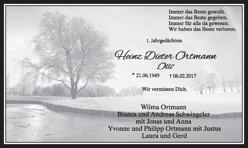  Traueranzeige für Heinz Dieter Ortmann vom 03.02.2018 aus  Sonntags-Post 