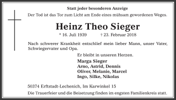 Anzeige von Heinz Theo Sieger von  Werbepost 