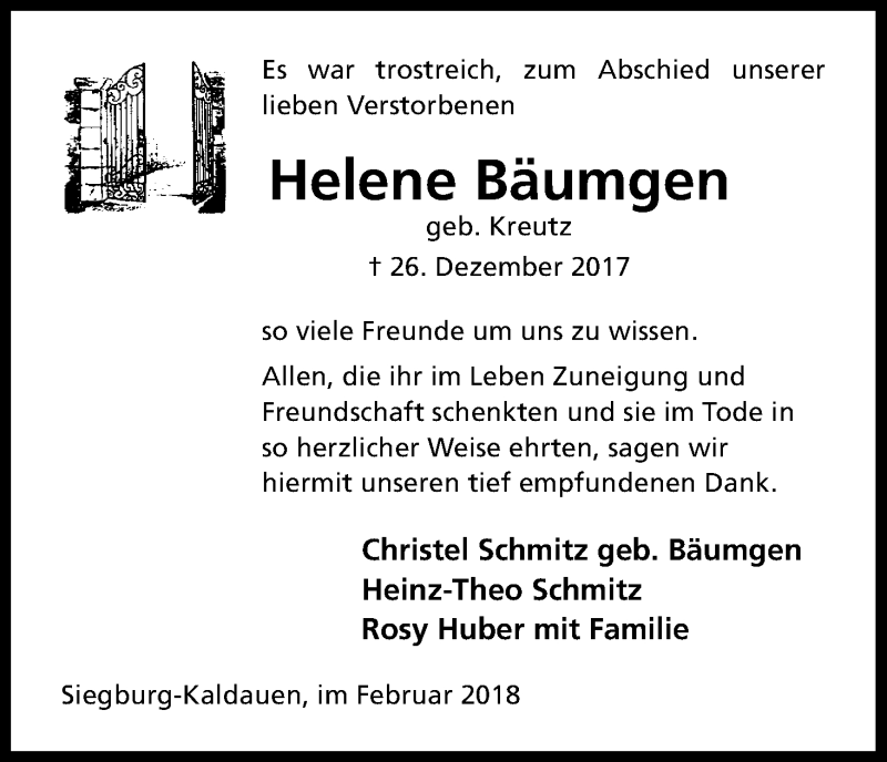  Traueranzeige für Helene Bäumgen vom 03.02.2018 aus Kölner Stadt-Anzeiger / Kölnische Rundschau / Express