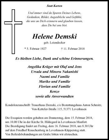 Anzeige von Helene Demski von Kölner Stadt-Anzeiger / Kölnische Rundschau / Express