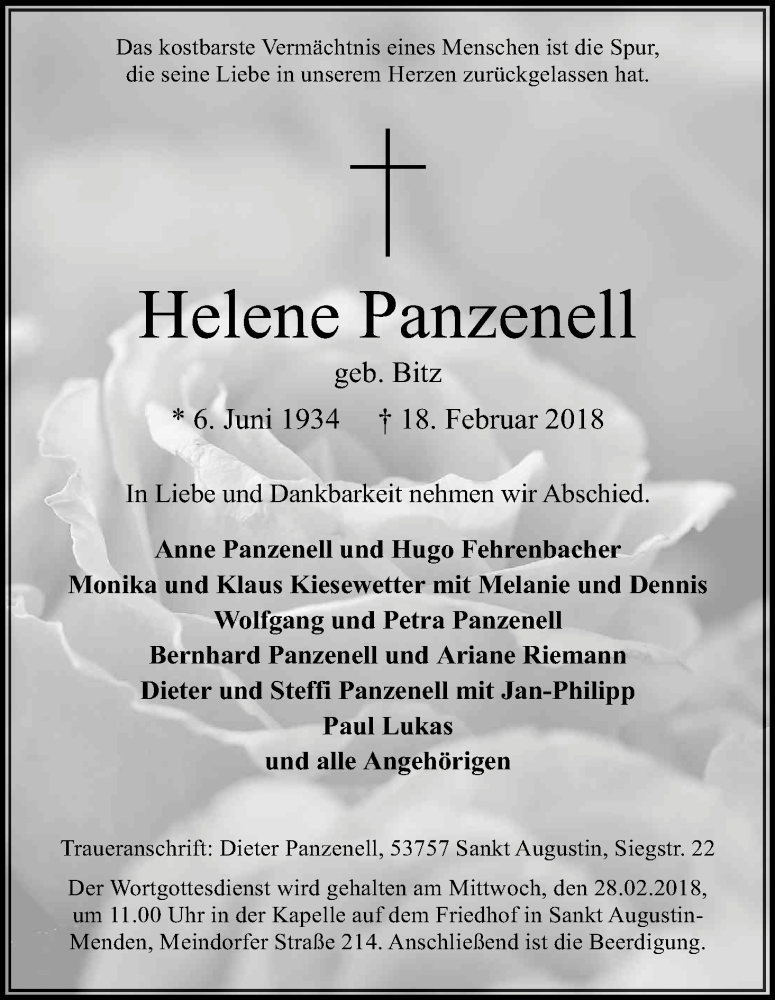  Traueranzeige für Helene Panzenell vom 24.02.2018 aus Kölner Stadt-Anzeiger / Kölnische Rundschau / Express