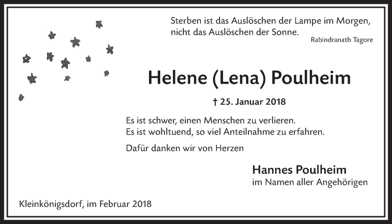  Traueranzeige für Helene Poulheim vom 24.02.2018 aus  Sonntags-Post 