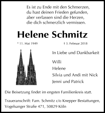 Anzeige von Helene Schmitz von Kölner Stadt-Anzeiger / Kölnische Rundschau / Express