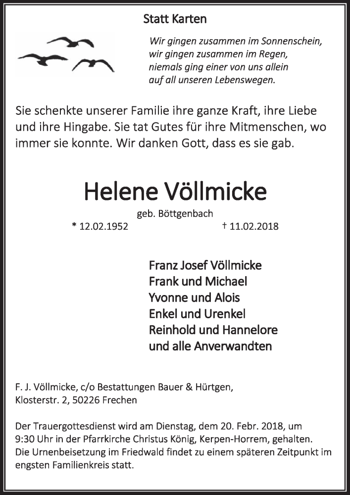  Traueranzeige für Helene Völlmicke vom 17.02.2018 aus  Sonntags-Post 