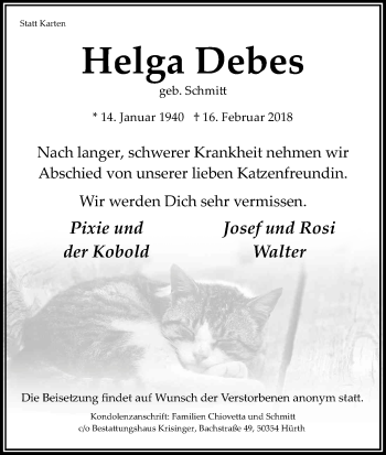 Anzeige von Helga Debes von Kölner Stadt-Anzeiger / Kölnische Rundschau / Express