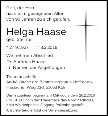 Anzeige von Helga Haase von Kölner Stadt-Anzeiger / Kölnische Rundschau / Express