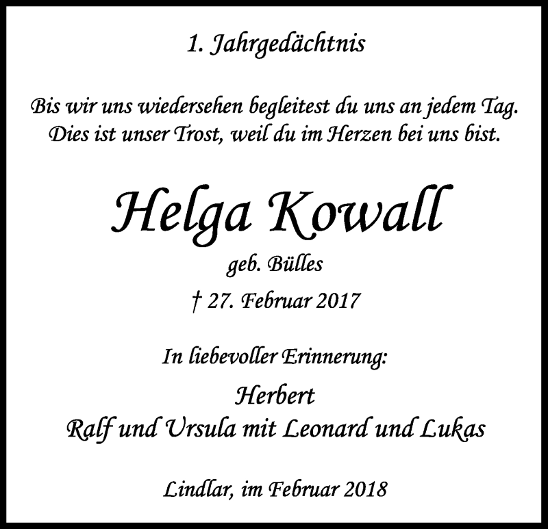  Traueranzeige für Helga Kowall vom 27.02.2018 aus Kölner Stadt-Anzeiger / Kölnische Rundschau / Express