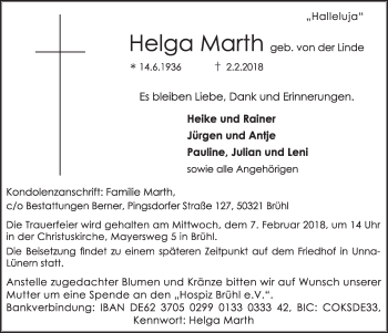 Anzeige von Helga Marth von  Schlossbote/Werbekurier 