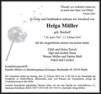Anzeige von Helga Müller von  Wochenende 