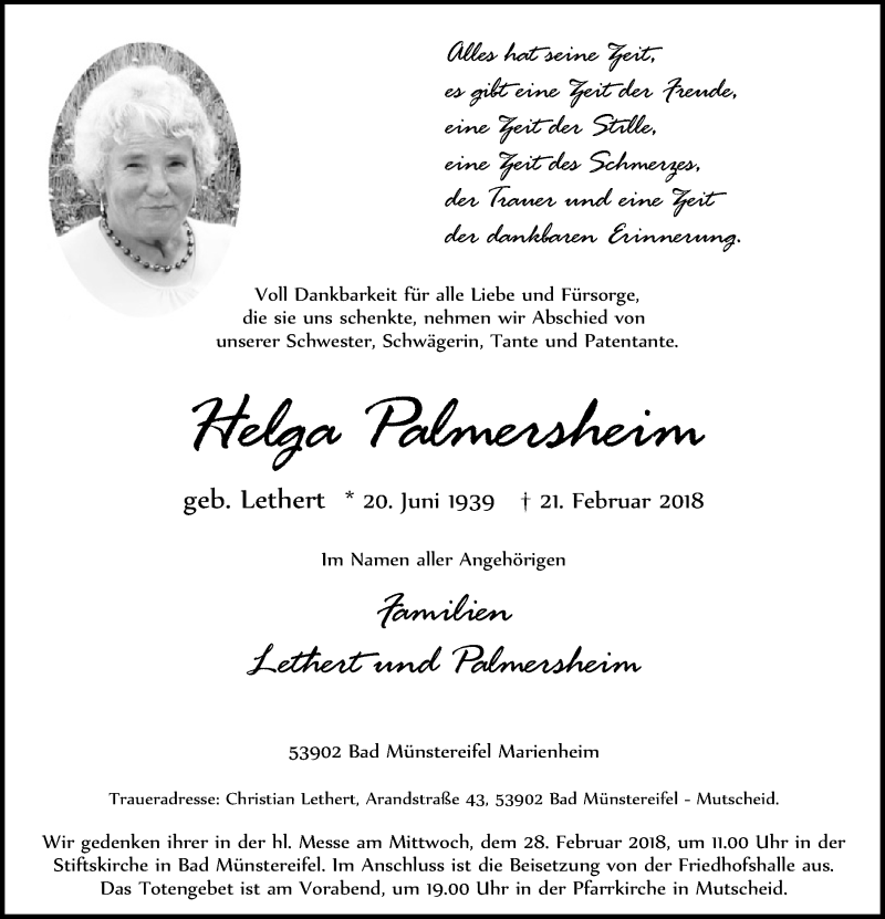  Traueranzeige für Helga Palmersheim vom 24.02.2018 aus  Blickpunkt Euskirchen 
