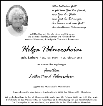 Anzeige von Helga Palmersheim von Kölner Stadt-Anzeiger / Kölnische Rundschau / Express