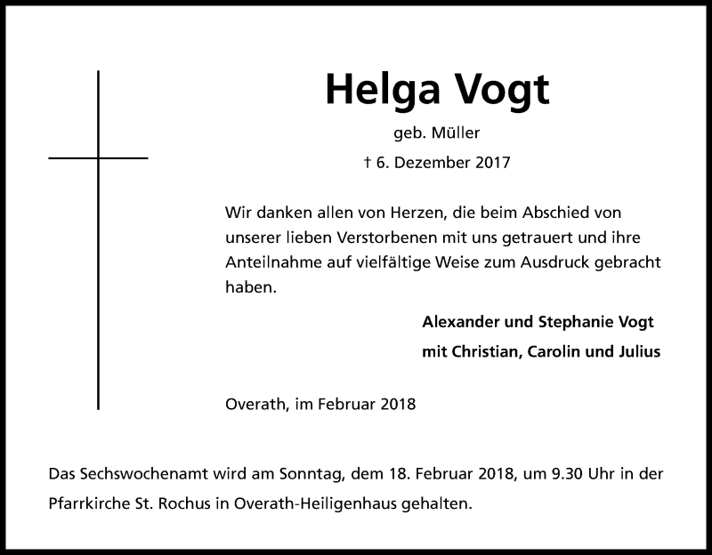 Traueranzeige für Helga Vogt vom 10.02.2018 aus Kölner Stadt-Anzeiger / Kölnische Rundschau / Express