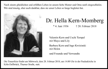 Anzeige von Hella Kern-Momberg von Kölner Stadt-Anzeiger / Kölnische Rundschau / Express