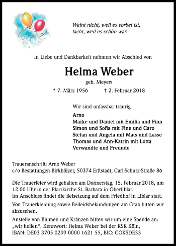 Anzeige von Helma Weber von Kölner Stadt-Anzeiger / Kölnische Rundschau / Express
