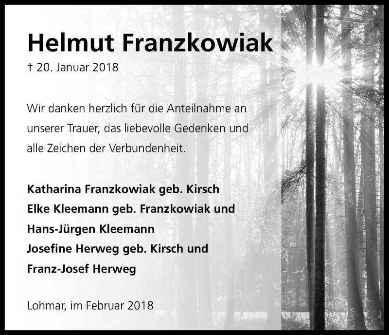  Traueranzeige für Helmut Franzkowiak vom 17.02.2018 aus Kölner Stadt-Anzeiger / Kölnische Rundschau / Express