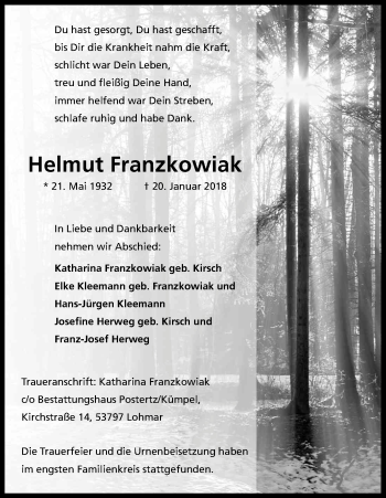 Anzeige von Helmut Franzkowiak von Kölner Stadt-Anzeiger / Kölnische Rundschau / Express