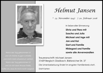 Anzeige von Helmut Jansen von Kölner Stadt-Anzeiger / Kölnische Rundschau / Express
