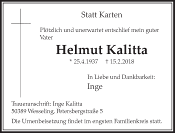 Anzeige von Helmut Kalitta von  Schlossbote/Werbekurier 