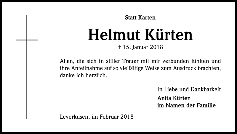  Traueranzeige für Helmut Kürten vom 24.02.2018 aus Kölner Stadt-Anzeiger / Kölnische Rundschau / Express