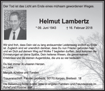 Anzeige von Helmut Lambertz von  Sonntags-Post 