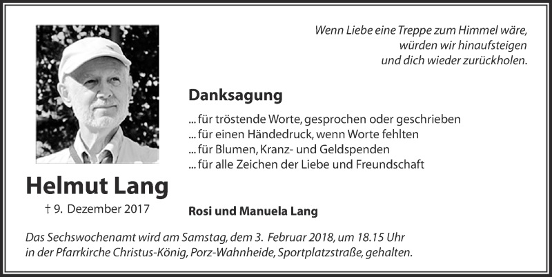  Traueranzeige für Helmut Lang vom 31.01.2018 aus  Kölner Wochenspiegel 