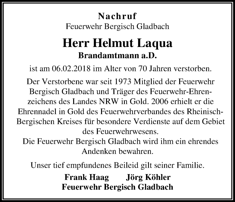  Traueranzeige für Helmut Laqua vom 21.02.2018 aus Kölner Stadt-Anzeiger / Kölnische Rundschau / Express