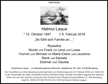 Anzeige von Helmut Laqua von Kölner Stadt-Anzeiger / Kölnische Rundschau / Express