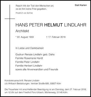Anzeige von Helmut Lindlahr von Kölner Stadt-Anzeiger / Kölnische Rundschau / Express