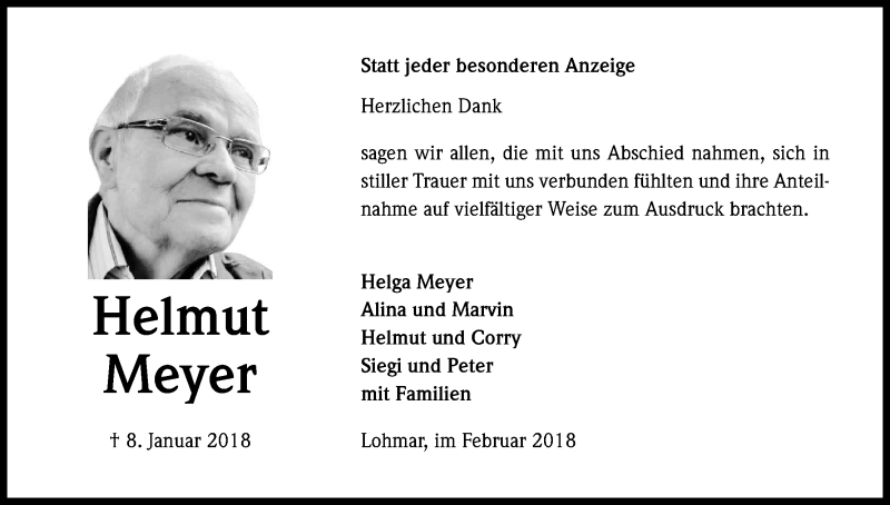  Traueranzeige für Helmut Meyer vom 22.02.2018 aus Kölner Stadt-Anzeiger / Kölnische Rundschau / Express