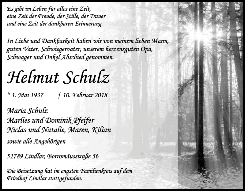  Traueranzeige für Helmut Schulz vom 24.02.2018 aus Kölner Stadt-Anzeiger / Kölnische Rundschau / Express