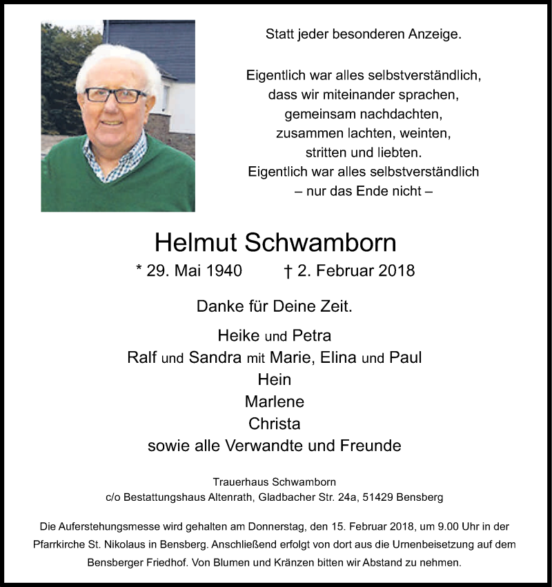  Traueranzeige für Helmut Schwamborn vom 07.02.2018 aus Kölner Stadt-Anzeiger / Kölnische Rundschau / Express