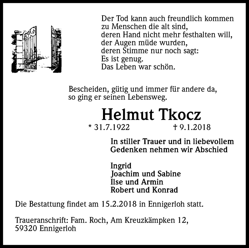  Traueranzeige für Helmut Tkocz vom 13.02.2018 aus Kölner Stadt-Anzeiger / Kölnische Rundschau / Express