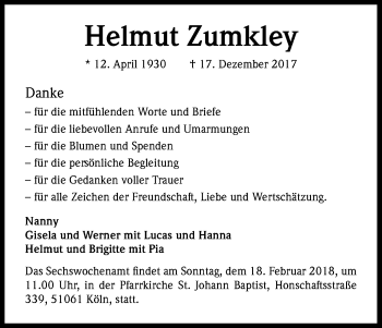 Anzeige von Helmut Zumkley von Kölner Stadt-Anzeiger / Kölnische Rundschau / Express