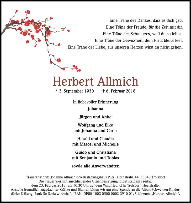  Traueranzeige für Herbert Allmich vom 17.02.2018 aus Kölner Stadt-Anzeiger / Kölnische Rundschau / Express