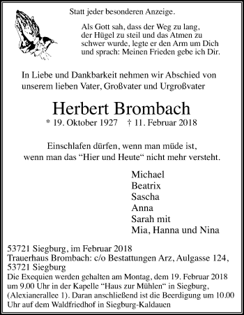Anzeige von Herbert Brombach von Kölner Stadt-Anzeiger / Kölnische Rundschau / Express