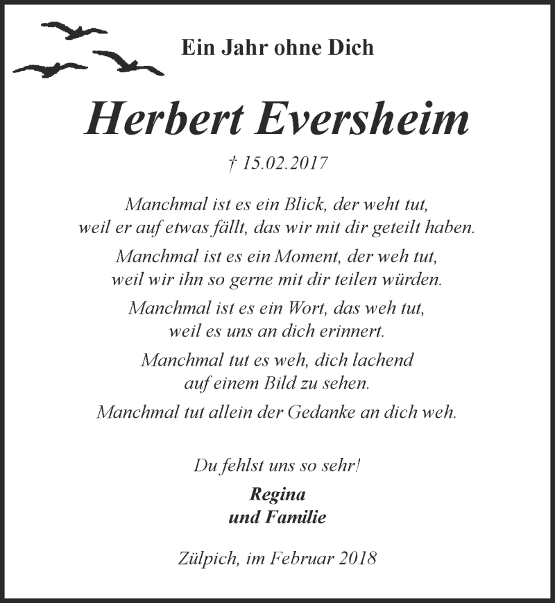 Traueranzeige für Herbert Eversheim vom 10.02.2018 aus  Blickpunkt Euskirchen 