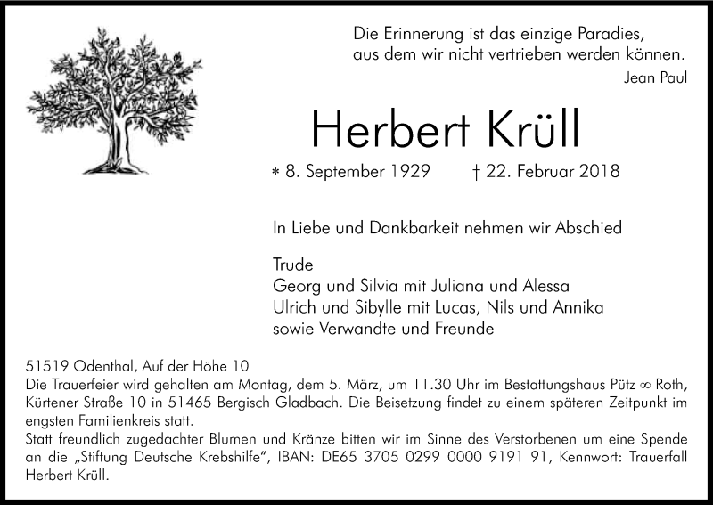  Traueranzeige für Herbert Krüll vom 28.02.2018 aus Kölner Stadt-Anzeiger / Kölnische Rundschau / Express