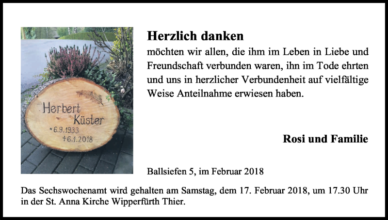  Traueranzeige für Herbert Küster vom 10.02.2018 aus Kölner Stadt-Anzeiger / Kölnische Rundschau / Express