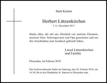Anzeige von Herbert Lützenkirchen von Kölner Stadt-Anzeiger / Kölnische Rundschau / Express