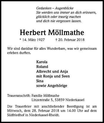 Anzeige von Herbert Möllmathe von Kölner Stadt-Anzeiger / Kölnische Rundschau / Express